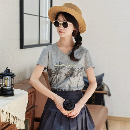 保罗彼得专柜夏季新款女士灰色V领短袖圆领T恤 舒适修身TBEB43502