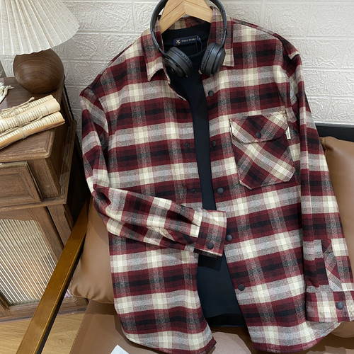 男士长袖加绒衬衫翻领格纹休闲