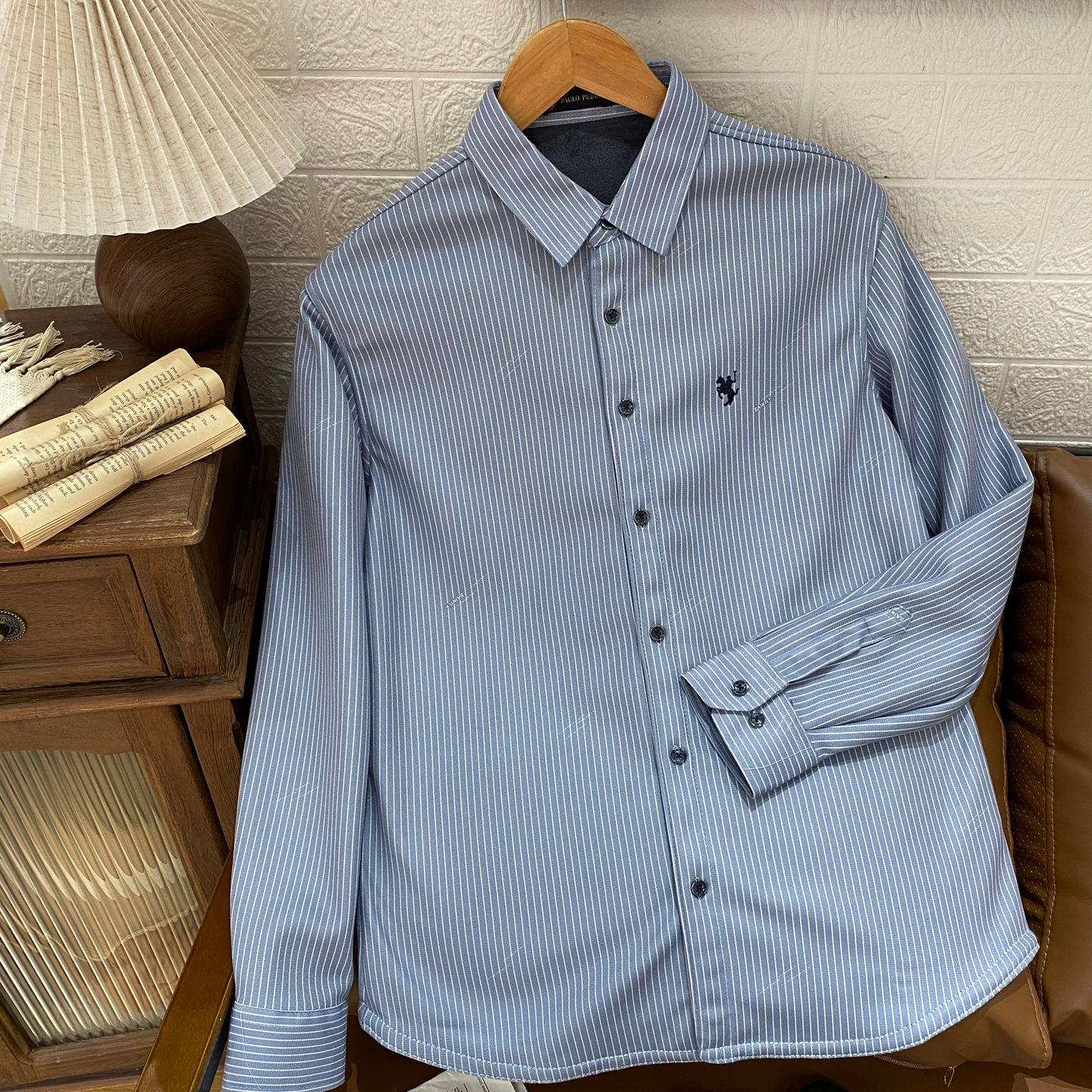 保罗彼得专柜正品男士翻领细条纹长袖加绒衬衫保暖舒适MMEDC00170