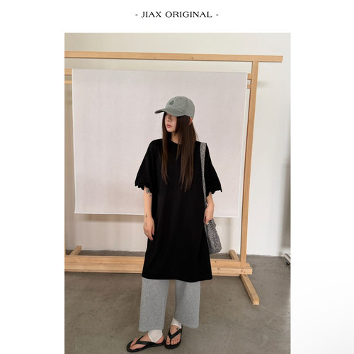 UPONE 春夏袖口铝丝凹造型短袖连衣裙ins韩版宽松小众中长款t恤裙