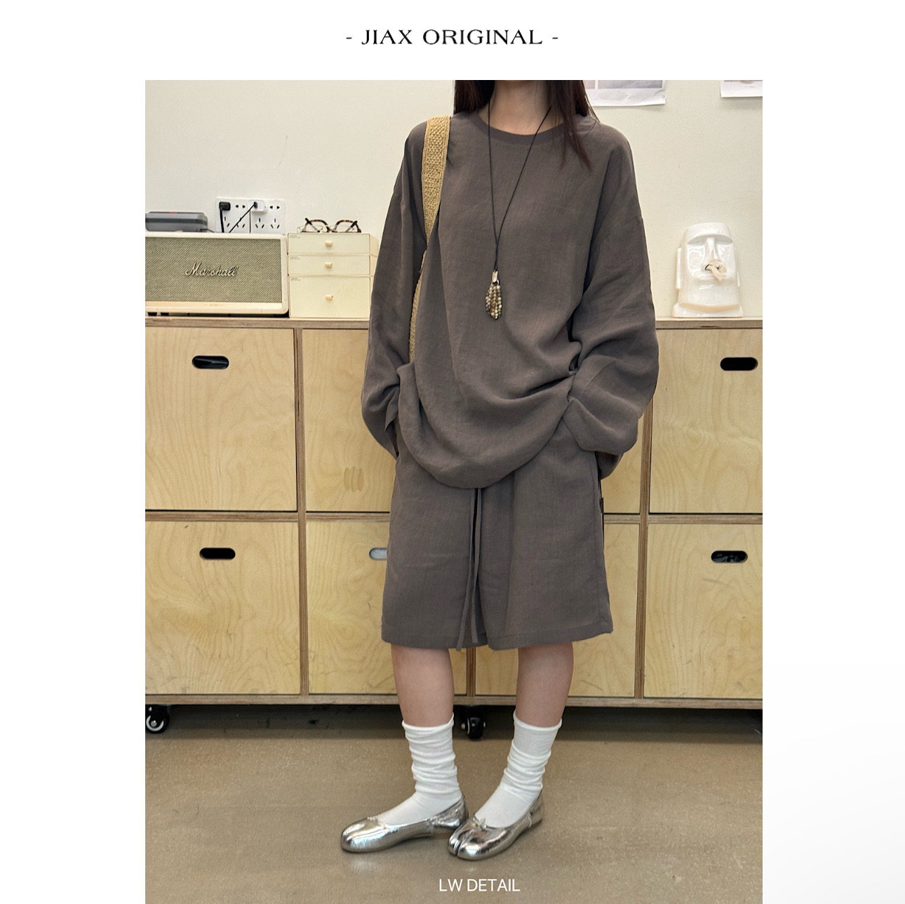 JIAX 春夏纯色阔型圆领长袖t恤女韩版苎麻天丝抽绳阔腿五分裤套装