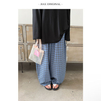 UPONE 春夏定制格纹抽绳松紧腰阔腿裤女ins韩版宽松显瘦薄款长裤