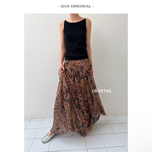 JIAX 春夏复古豹纹网纱半身裙女高腰显瘦A字裙气质垂感中长款伞裙