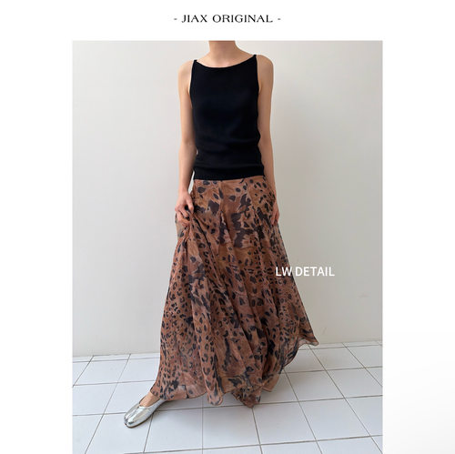 JIAX 春夏复古豹纹网纱半身裙女高腰显瘦A字裙气质垂感中长款伞裙