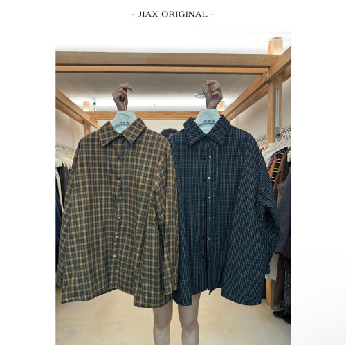 JIAX 2025秋冬日系格子夹棉长袖衬衫女ins韩版宽松中长款衬衣棉服