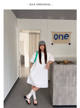 UPONE 春夏泡泡袖中长款圆领连衣裙女ins韩版宽松显瘦短袖中长裙