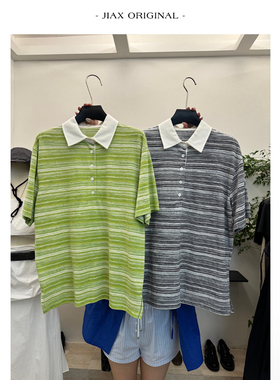 WAITMORE 2025春夏复古条纹翻领短袖polo衫女ins韩版宽松显瘦上衣
