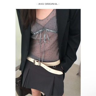 WAIT 透视吊带上衣 春夏拼接设计感网纱波点系带背心女ins韩系薄款