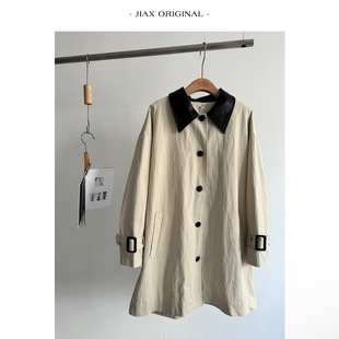 JIAX 2025早春气质高级感翻领拼皮单排扣风衣外套女ins韩版大衣