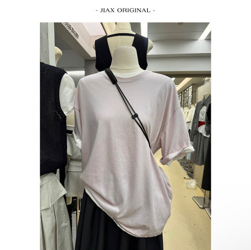 UPONE 春夏简约纯色洗水轻磨边圆领短袖t恤女ins韩版宽松休闲上衣