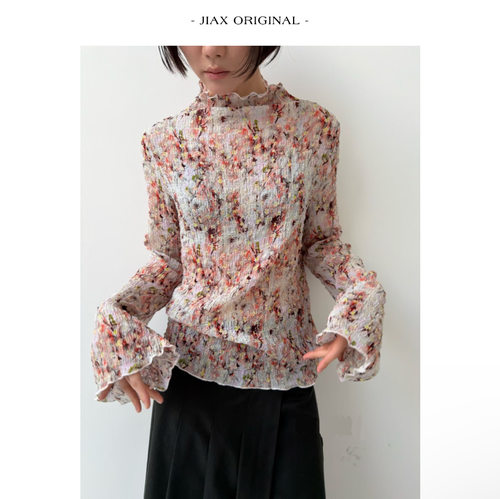 JIAX 春夏复古碎花波边喇叭袖T恤女ins韩版小众皱皱纱打底衫上衣