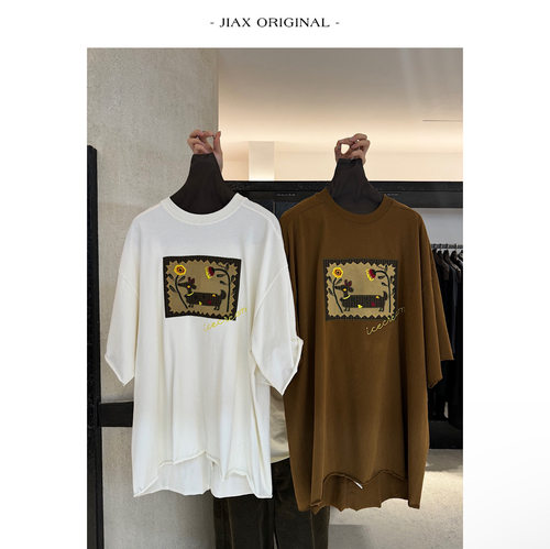 JXZX 2026春季复古图案刺绣贴布短袖T恤女ins韩版宽松中长款上衣