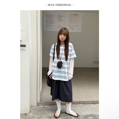 UPONE 春夏撞色条纹拼接网纱长袖假两件女ins韩版宽松薄款针织衫