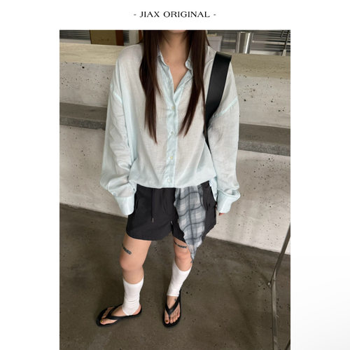 UPONE 春夏简约纯色苎麻翻领长袖衬衫女ins韩版宽松薄款防晒衬衣