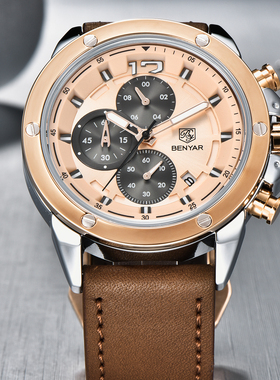 BENYAR/宾雅男士皮带石英计时手表时尚防水学生大表盘圆形BY-5165