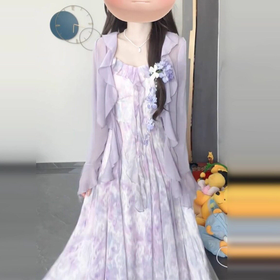 2026新款法式高级感小个子雪纺长裙紫色碎花吊带连衣裙两件套装女