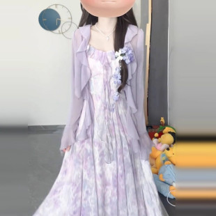 2026新款法式高级感小个子雪纺长裙紫色碎花吊带连衣裙两件套装女