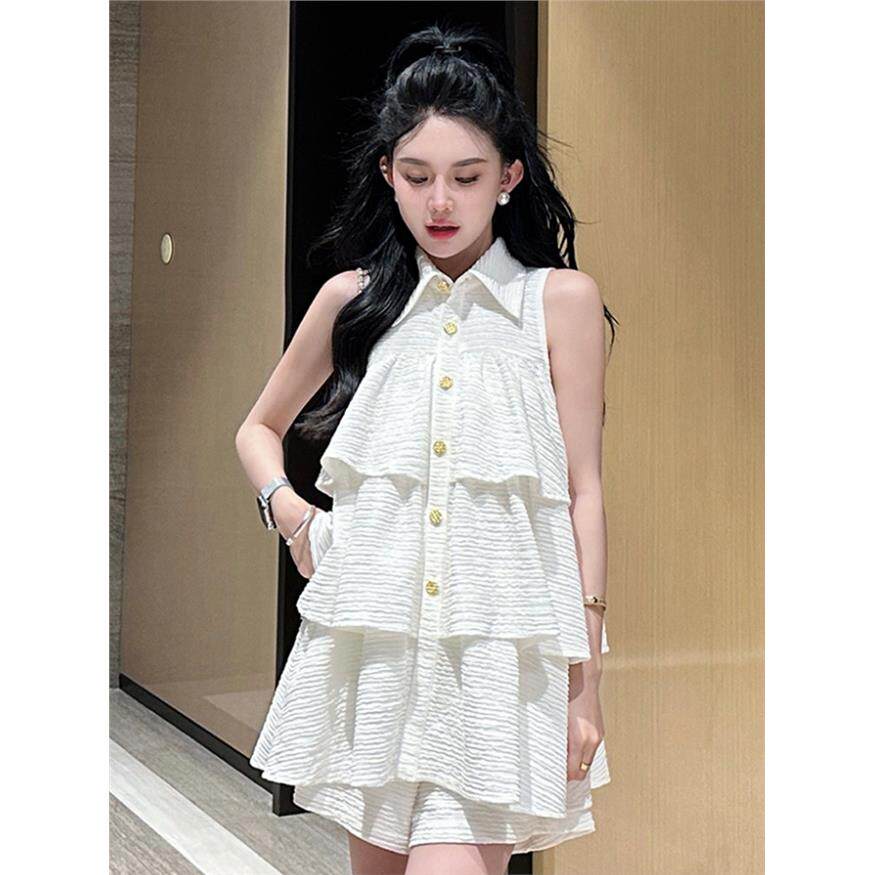 法式挂颈荷叶边无袖衬衫百搭高腰阔腿短裤小个子气质甜美套装女夏