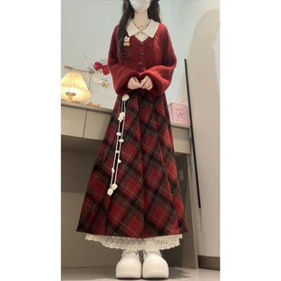 漂亮穿搭配一整套装 2026新款 巨好看红色毛衣格纹连衣裙子女早春季