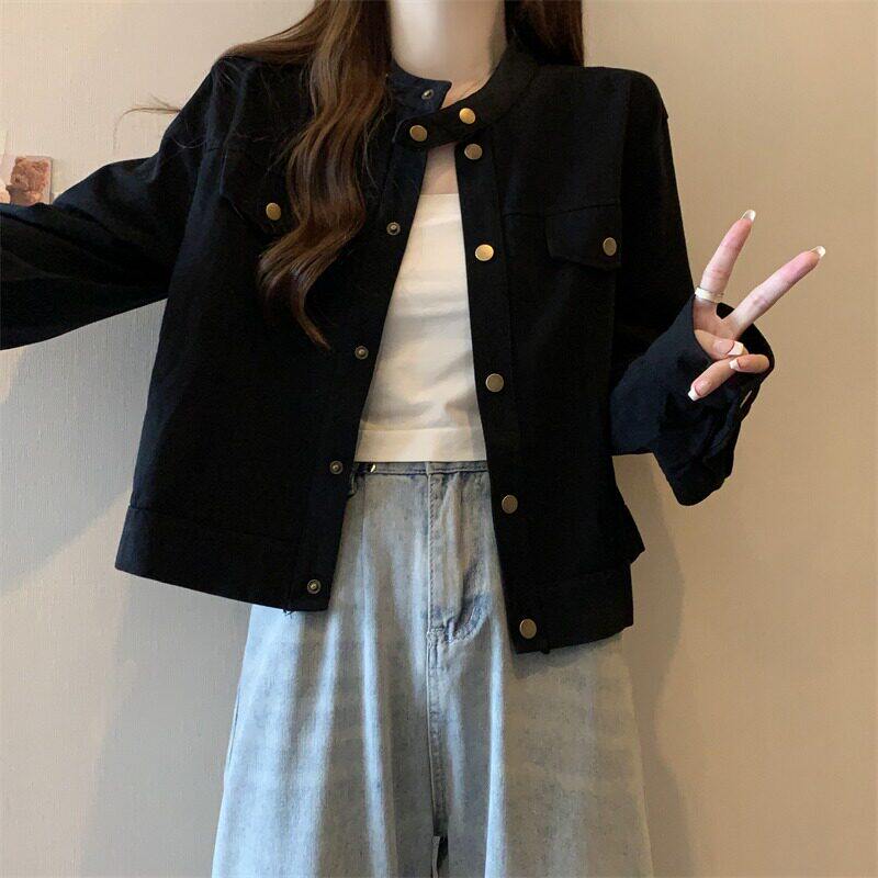 大码胖mm美式立领夹克外套女早春2026年新款工装风正肩短款上衣潮