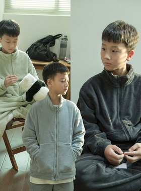 儿童珊瑚绒家居服套装2025冬季中大童保暖睡衣加绒外套长裤男孩潮