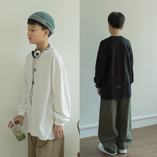 男孩长袖T恤2026春季青少年7A抗菌宽松黑白色上衣儿童薄款打底衫