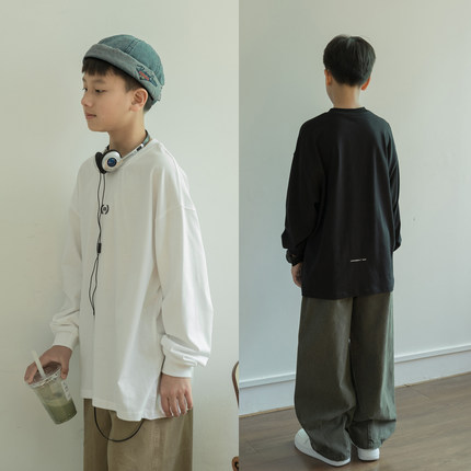 男孩长袖T恤2026春季青少年7A抗菌宽松黑白色上衣儿童外穿打底衫