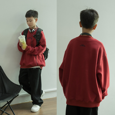 男童加绒红色卫衣新年衣服2025新款冬季加厚青少年保暖上衣中大童