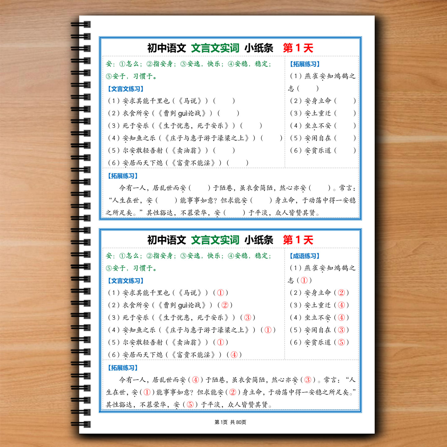初中语文文言文实词小纸条七八九年级文言文字词翻译每日提分素材