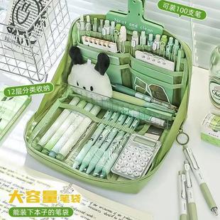 高颜值ins风简约笔袋初中女生2026新款女孩初中男大容量文具袋高中生网红文具铅笔袋帆布多层耐脏黑色纯色系