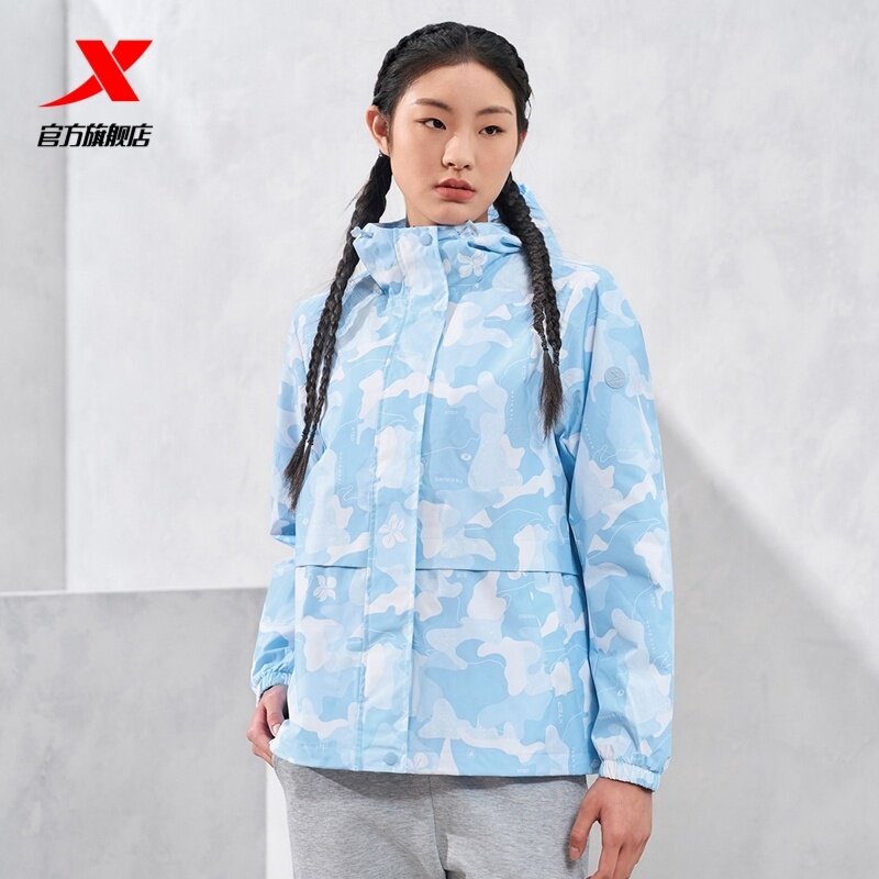 特步双层风衣女士2026新款春秋训练跑步连帽运动外套976128