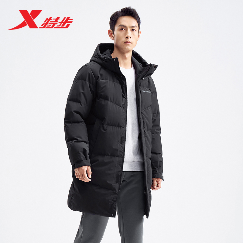 特步中长款羽绒服男士新款冬季保暖上衣运动连帽外套976429640189