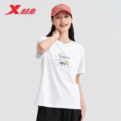 特步短袖女2025夏季新款运动休闲白色圆领女子针织衫976228010079