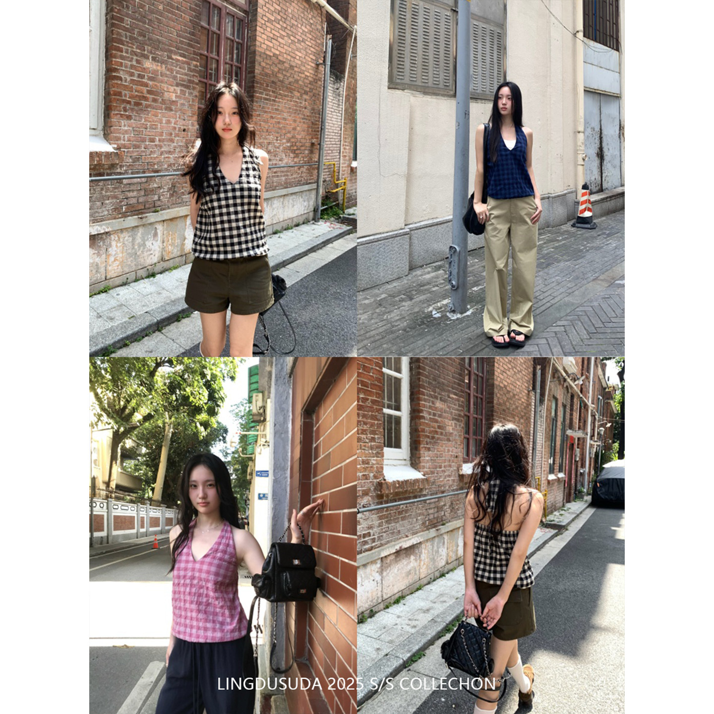 零度苏打 三色经典格纹系带挂脖深V吊带背心女夏季新款无袖上衣