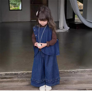 女童套装时装个性牛仔背心裤子两件套加长袖打底衫2025秋冬装新款