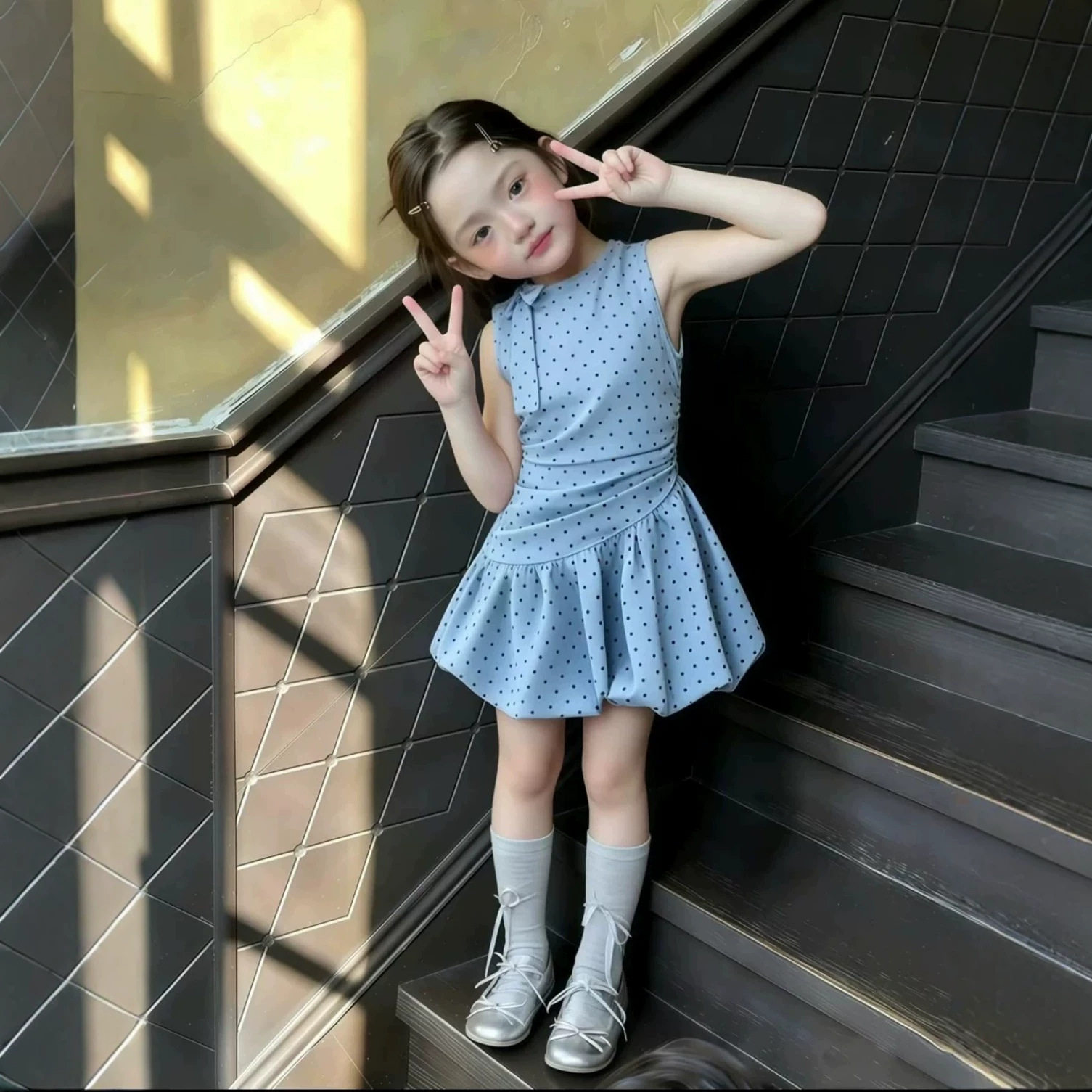 洋气度假儿童装女童裙子圆点OL蝴蝶结可爱连衣裙2026夏季新款童装