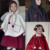 新款 洋气儿童装 女童外套双面呢料连帽毛球女巫斗篷加厚上衣25冬装