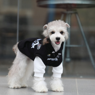宠物猫狗衣服 秋冬纯棉加绒黑无袖假两件连帽卫衣 雪纳瑞衣服