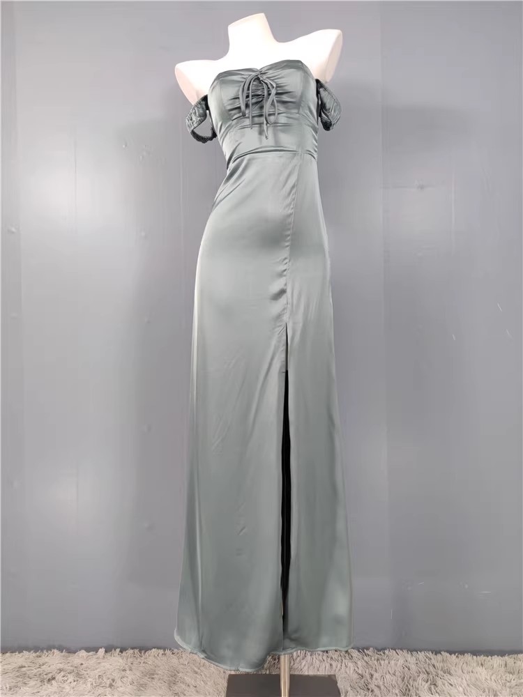 外贸 法式高级性感一字领光滑缎面高开叉包臀礼服派对连衣裙长裙