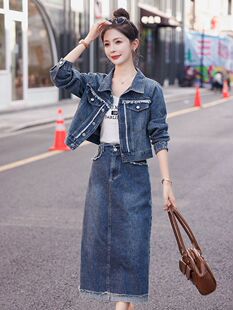 欧洲站复古牛仔两件套装裙秋季女时尚外套减龄显瘦流行气质长裙潮