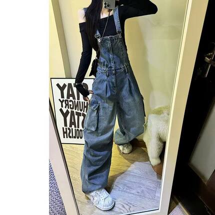 春季新款韩版牛仔背带裤女高腰直筒阔腿裤宽松显瘦休闲牛仔连体裤
