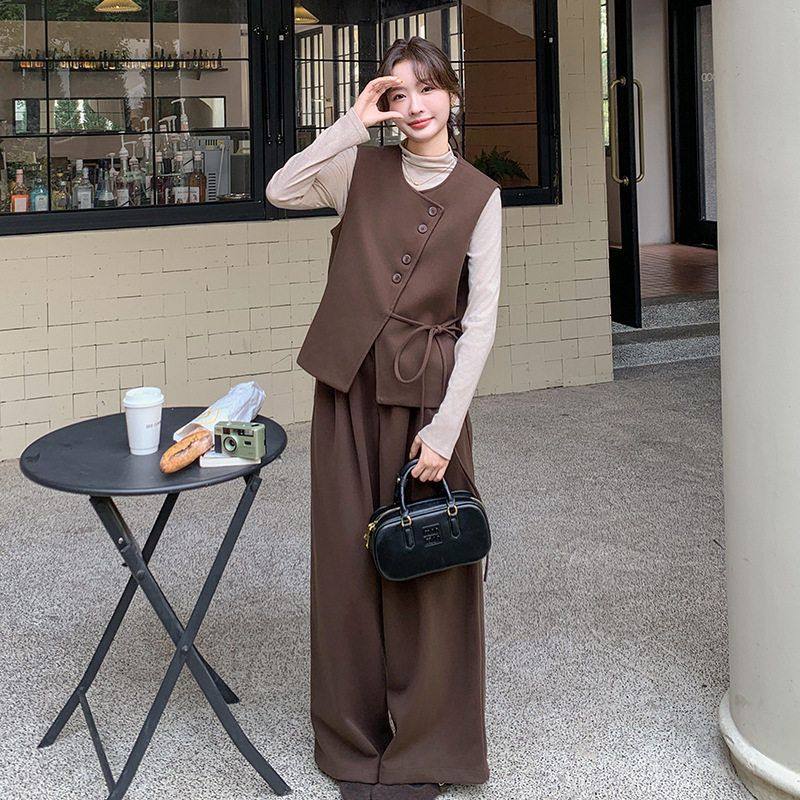 阔腿裤收腰小2025高级感咖色香风马甲套装显瘦秋季两件套女小个子