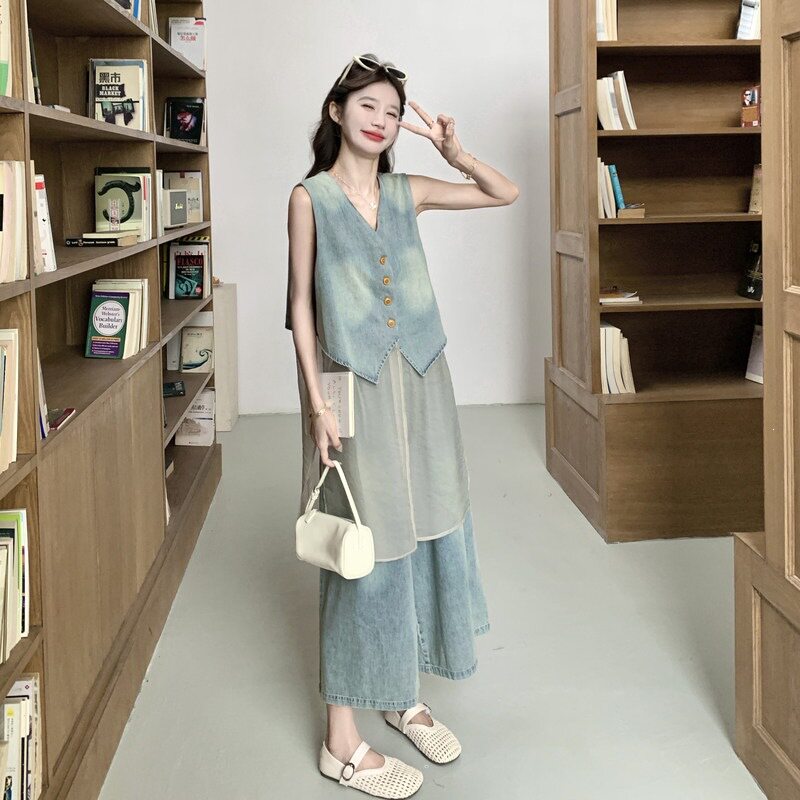 夏季新款上市常规优质三件套精品网纱拼接设计款时尚牛仔套装女