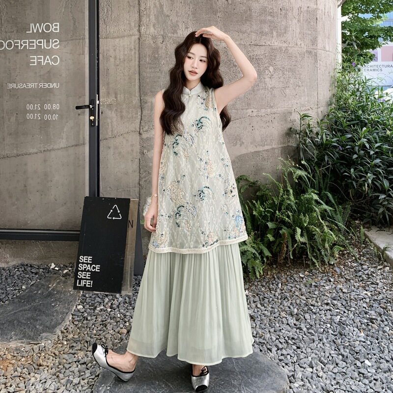 国风链接独特绝美感珠片刺绣连衣裙女2026新款夏日时尚假两件长裙