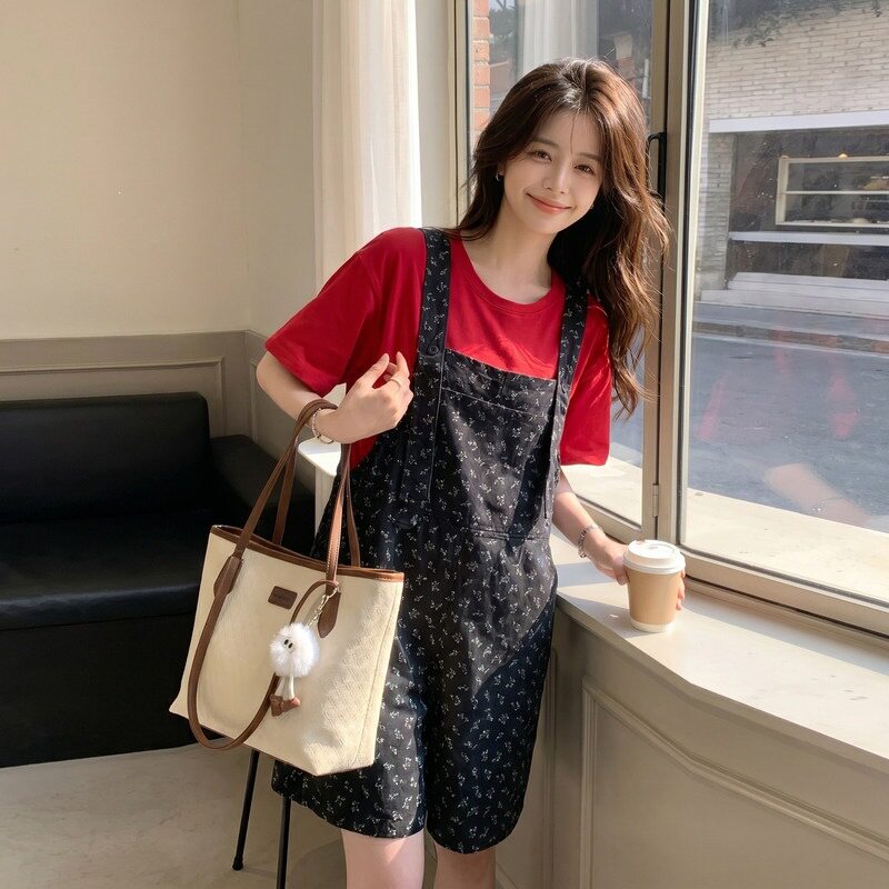 韩系时尚减龄碎花背带裤套装女2026夏季新款小个子休闲T恤两件套