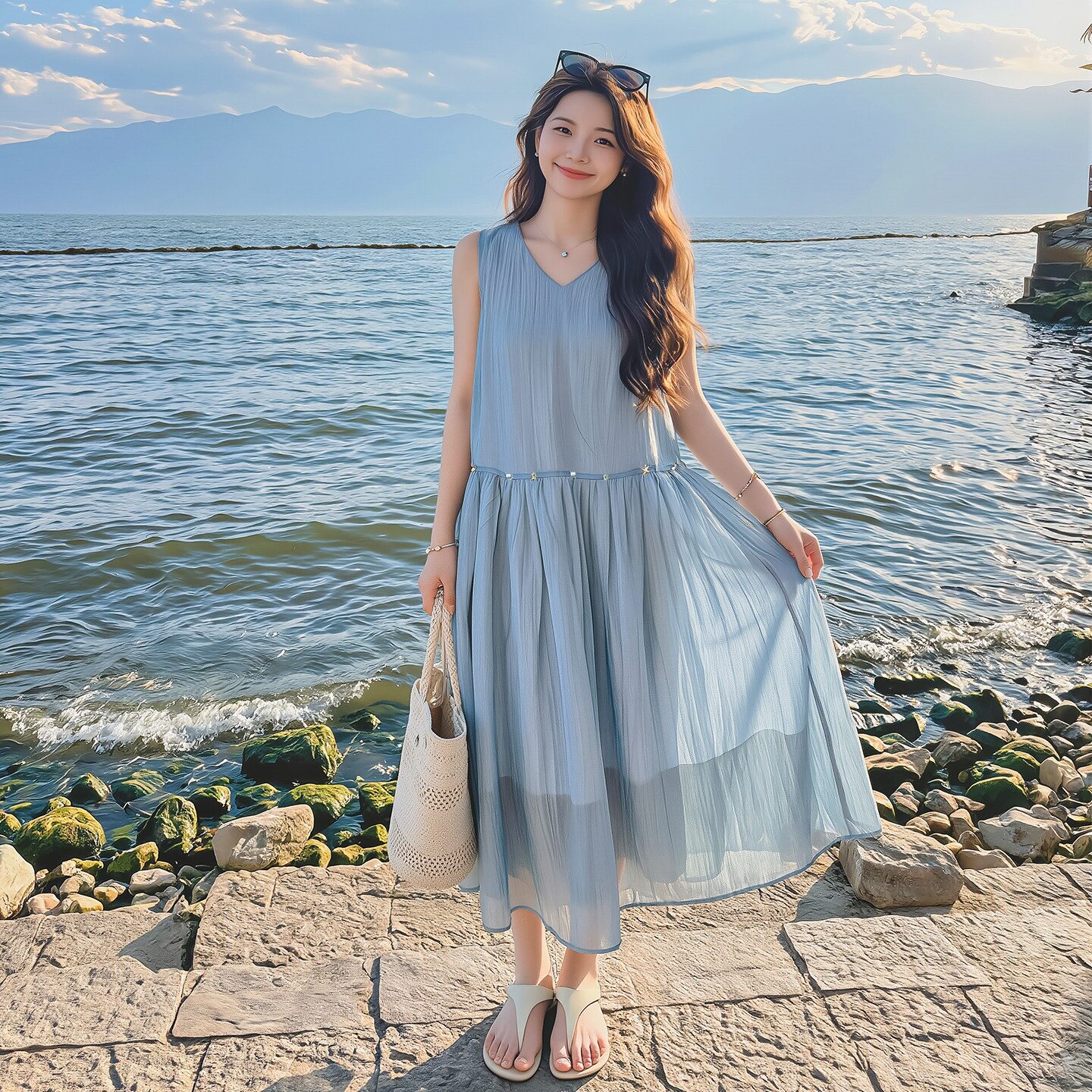 度假风蓝色飘带连衣裙女2026夏季新款温柔小众设计感长裙子巨好看