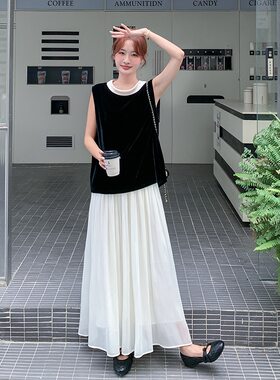 赫本风撞色丝绒无袖上衣套装女夏季2026年新款一整套阔腿裤两件套