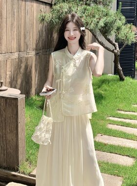 新品新款上市常规优质2026年夏季精品杏色国风无袖马甲阔腿裤套装