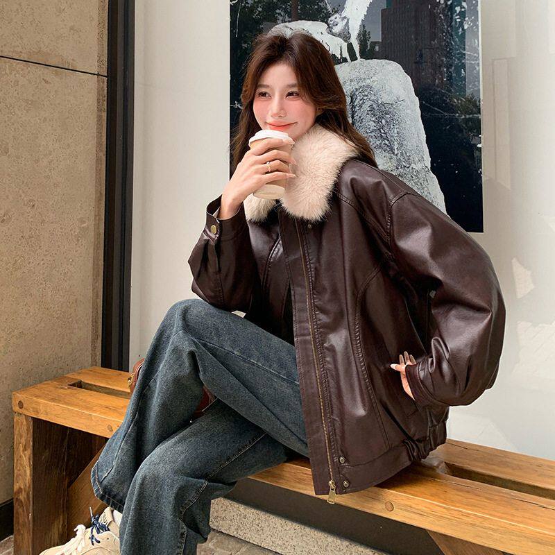 夹克机车服毛领高级感加绒女皮毛一体冬季加厚外套新款PU仿25皮衣