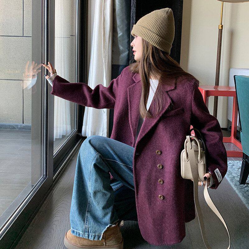 羊毛冬季毛呢2025女双面大衣风高级感绛紫色轻熟外套复古新款西装
